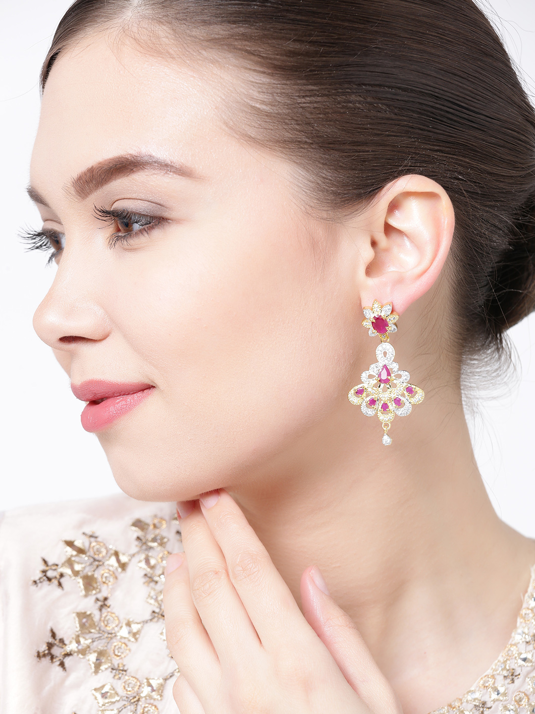 YouBella Pink  Silver-Toned Gold-Plated Floral Drop Earrings